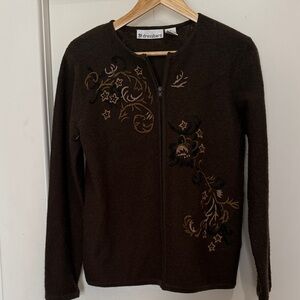 Dressbarn Dark Brown Embroidered Cardigan